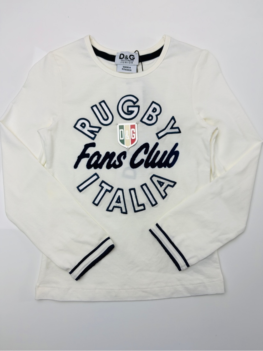 D&G Junior White Stretch Cotton Long Sleeve Rugby Fan Club Shield Tee, Sz 3